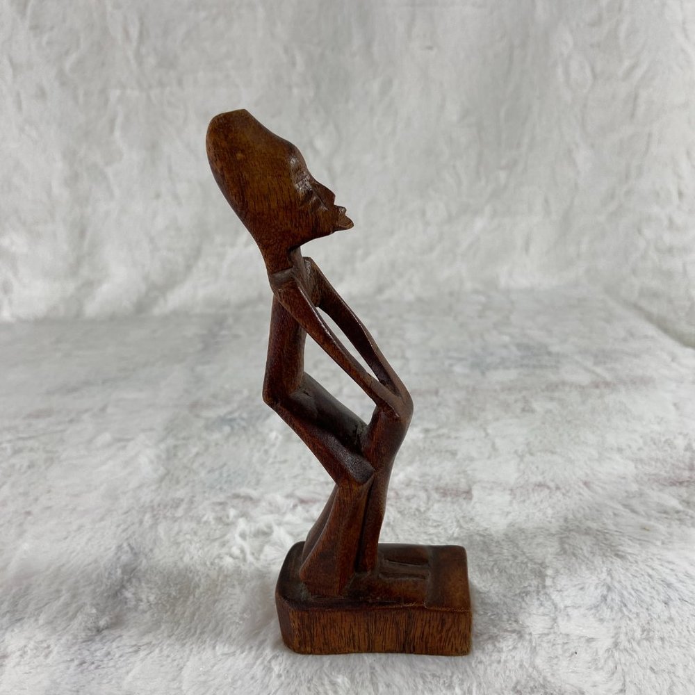 Vintage slender African Tribal Drummer Statue Hand Carved Wood